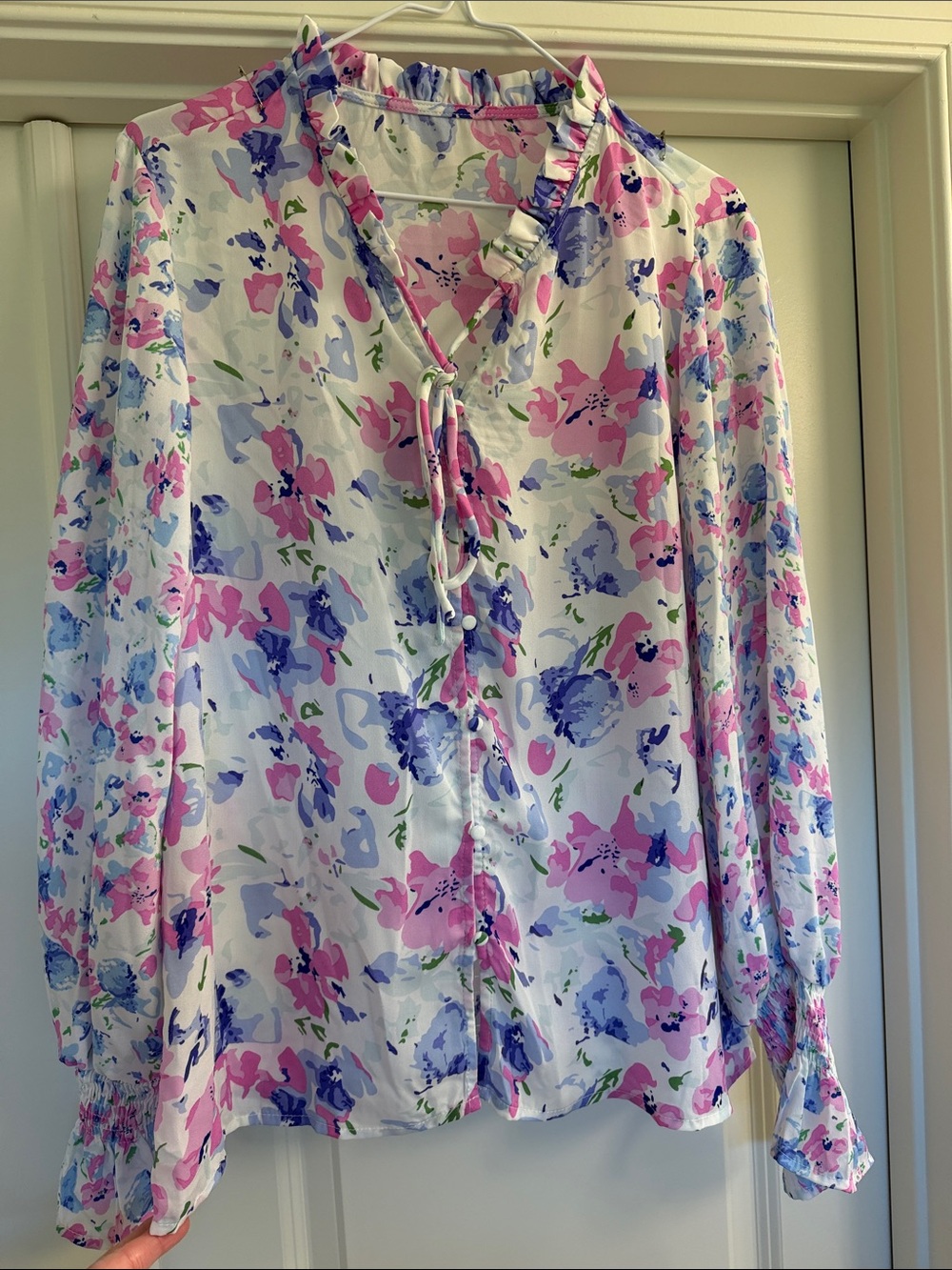 Floral Tie-Neck Blouse in Pink & Blue